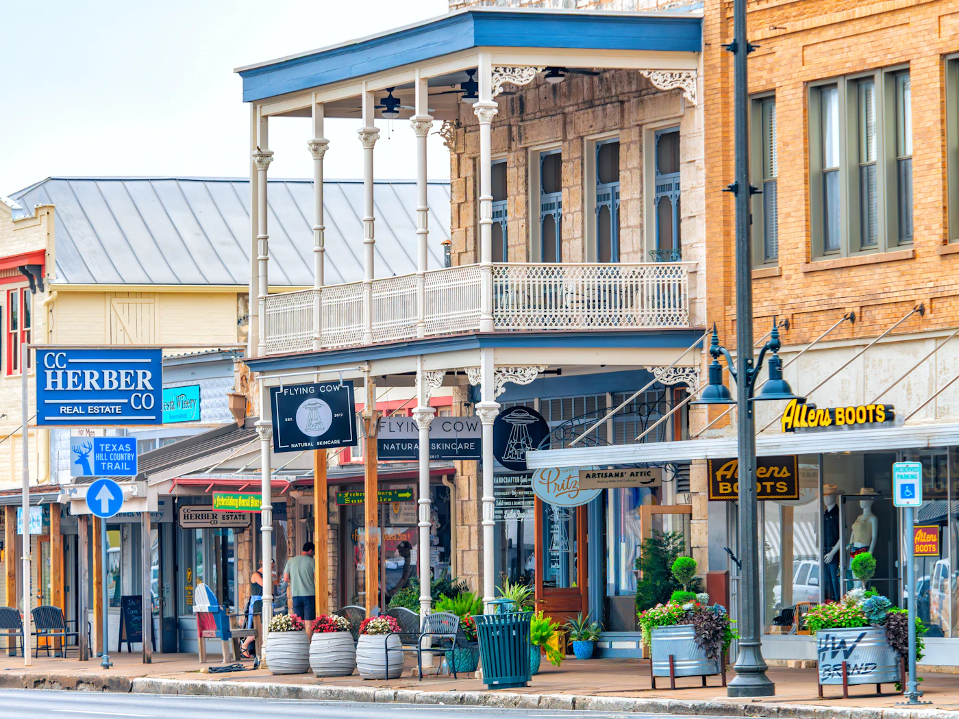 Historic brick storefronts along a small-town American street.